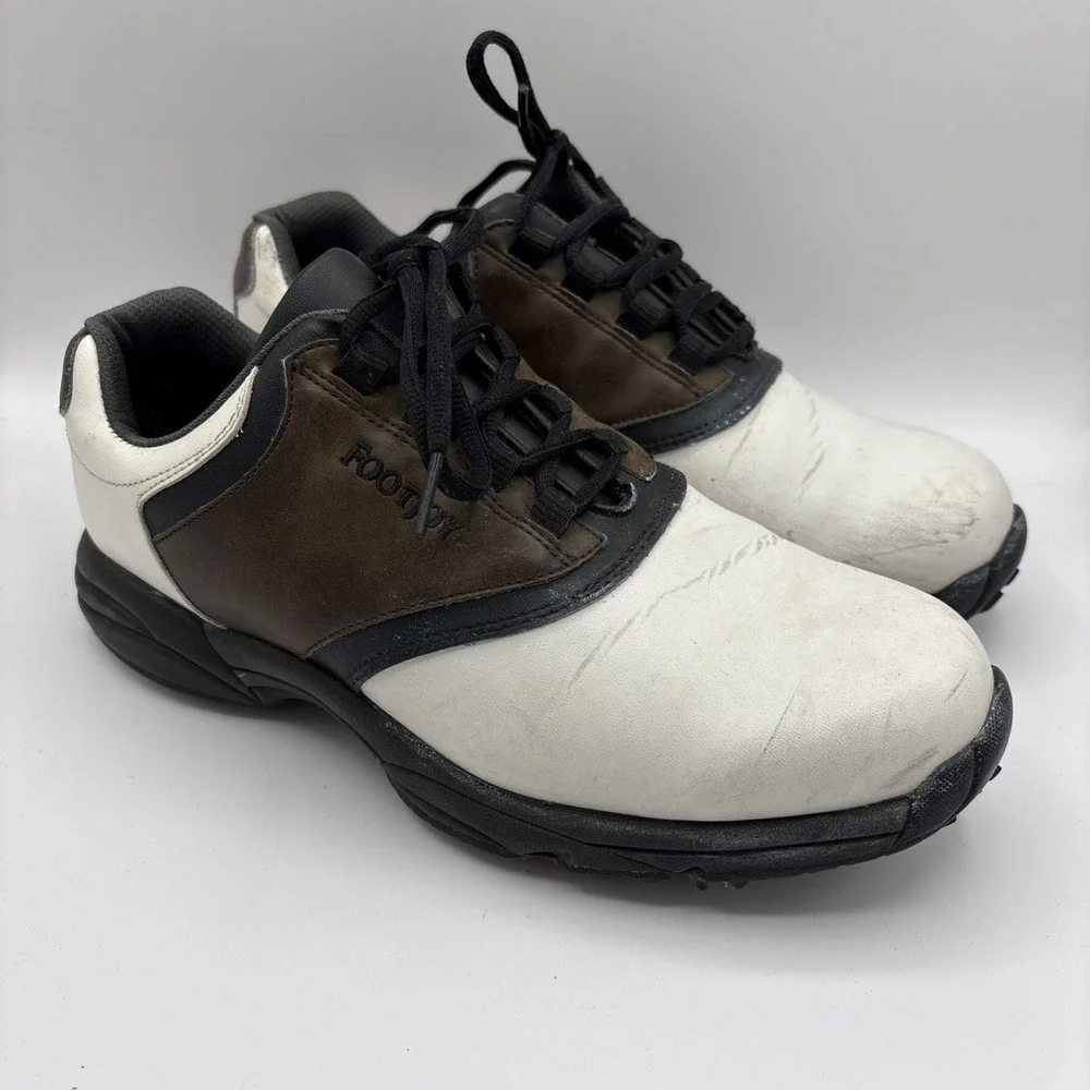 FootJoy GreenJoy 45516 White/Brown Leather Mens Golf Soft Spike Shoes Size 8.5 W